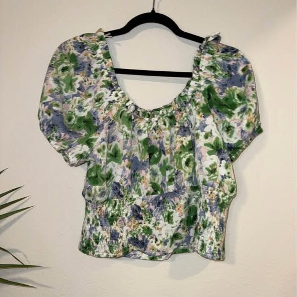 Milk & Honey Floral Smocked Waist Puff Sleeve Blouse Green Blue Pink Large